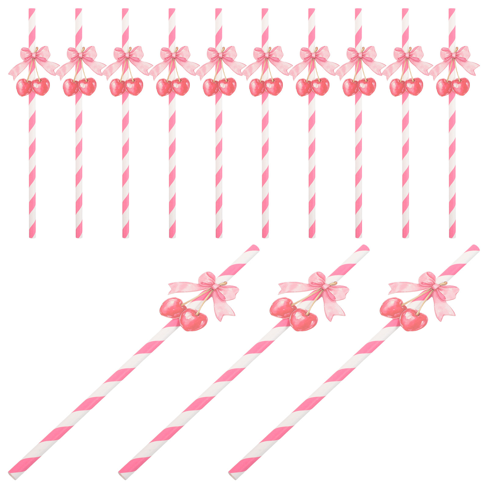 Paper Straw Color - 50 Adet Kiraz Temalı Kağıt Pipet,