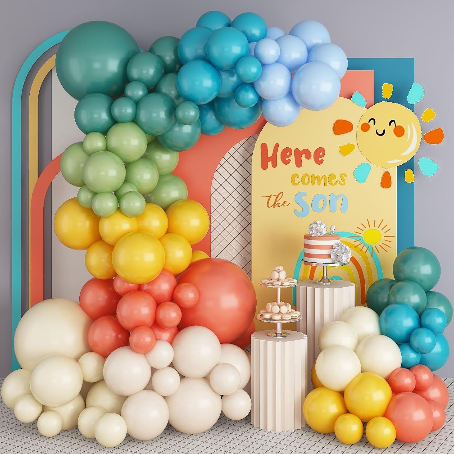 Balloon Arch Kit - Boho Gökkuşağı Retro Mavi Turuncu Hardal